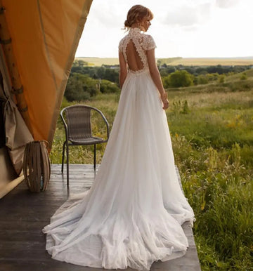 Runhufu Boho Lace Tulle High Neck Wedding Dress 2024 Cap Sleeves A-Line Bohemian Bridal Gown Vintage Elegant Robe De Mari¨¦e